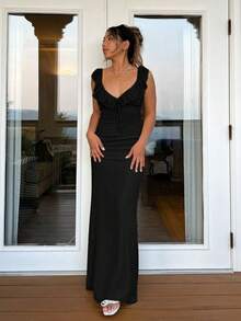 Fashionable Fitted Dress For Women With Sexy Ruffles And Laces - Black - View 1