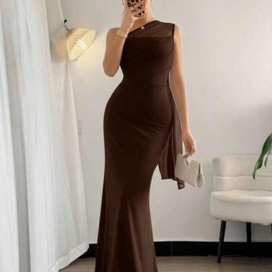 Women's Elegant Romantic Fashion Commuter Sexy Elegant Style Asymmetrical Neck Bodycon Maxi Dress, Suitable For Party, Beach Vacation, Back To School, Romantic Date, Wedding Season, Birthday, Easter, Spring/Summer Dress,Prom Dress,Fall Wedding Guest Dress,Wedding Guest Dress Women - Café integral - Ver 1