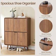 Fluted Shoe Storage Cabinet With 2 Flip Drawers, Narrow Shoe Rack Cabinet Organizer With Adjustable & Removable Shelves For Entryway (All Walnut, 2 Drawers) - 查看 5