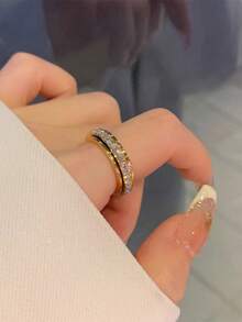 1pc Stainless Steel Rotatable Rhinestone Ring, Versatile Luxury Sparkling Finger Ring, Unique High-End Stress Relief Twist Ring, Non-Fading Hypoallergenic Plain Band Jewelry - Golden Starry Night Ring - View 6