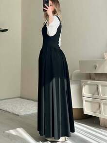 Nuevo vestido mujer verano 2026, cuello cuadrado, sensual, sin mangas, con pliegues, elegante y ajustado. - Negro - Ver 4