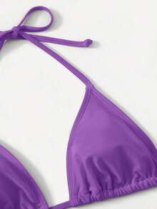 Women's Simple Solid Color Swim Bikini With A Halter Neck And Cutout, Suitable For Beach Vacations And Summer. - Purple - View 5