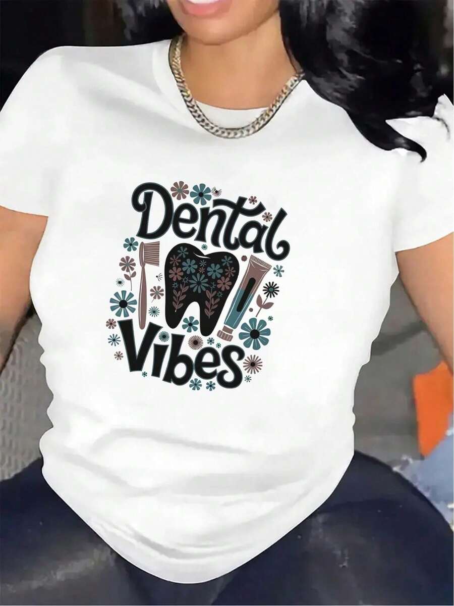 T-Shirt With "Dental Vibes" Design, Comfortable And Durable Crew Neck For Dentists And Hygienists, Soft Medium-Stretch Fabric, Mature Printed Style, Ideal For Work Or Leisure, Casual Wear For All Seasons - [白色的] - 查看 1