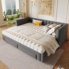 Sofa Bed 90 X 200 Cm, With Square Backrest, Extendable (Up To 180 Cm Queen Size), 2 Drawers, Without Mattress, Beige Color. - Grey - View 4