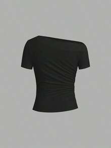 Camiseta de punto elástica de unicolor con hombro asimétrico y manga corta fruncida, multicolor, estilo carnavalesco, elegante para primavera/verano para mujeres - Multicolor 8 - Ver 6