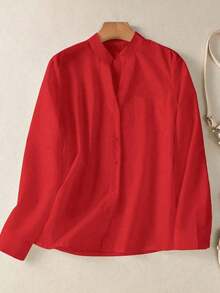 Camisa de mujer de unicolor con cuello en V y botones - Blusa casual y elegante de manga larga con detalle de bolsillo, adecuada para vacaciones, viajes y uso diario, artículo esencial para todas las temporadas de primavera - Rojo - Ver 7