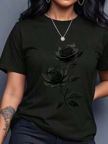 Camiseta de manga corta con cuello redondo y diseño liso en talla grande, versátil y práctica. - Negro - Ver 6