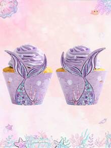 6pcs Purple Mermaid Tail Cupcake Decoration Set, Includes Cake Decoration Holder, Suitable For Mermaid Theme Birthday Party, Baby Shower Party, Children's Mermaid Party, Ocean Theme Cake Decoration - Mermaid - View 8