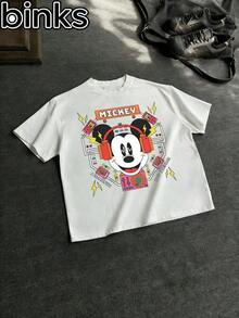 Disney Binks Mickey Mouse Cartoon Printed Short Sleeved T-Shirt, A Fashionable And Loose Short Sleeved T-Shirt For The Streets. Spring And Summer Fashionable Versatile Top, Holiday Gift, Vintage Print. - trắng - Xem 1