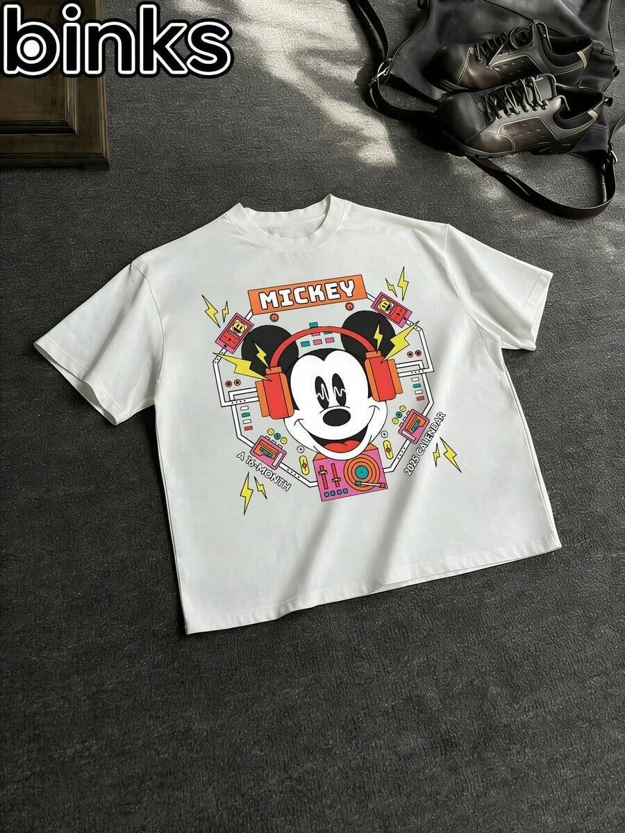 Disney Binks Mickey Mouse Cartoon Printed Short Sleeved T-Shirt, A Fashionable And Loose Short Sleeved T-Shirt For The Streets. Spring And Summer Fashionable Versatile Top, Holiday Gift, Vintage Print. - trắng - Xem 1