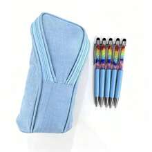 Customizable Text LOGO Personalized Name Large Capacity Vertical Pencil Case, Rainbow & Black Touchscreen Ballpoint Pen, Smartphone & Tablet Capacitive Stylus Pen, Vertical Large Capacity Design, Durable Canvas Material, Multiple Fresh Colors Available, Suitable For Students, College Students, Office Workers, Stationery Lovers, Classroom Learning, Office Desk Storage, Exam Preparation, Back To School Gift - Multicolor - View 15