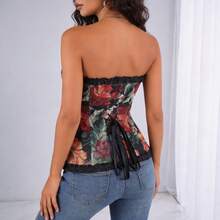 1pc Black Vintage Floral Jacquard Bandeau Top, Lace Bow Tie Waist Corset Crop Top, French Chic Party Wear, Spring/Summer Vacation - Black - View 4