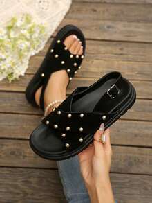 Teenage Girls' Black Suede Rivet Criss-Cross Strap Sandals, Student Flat Open Toe Backstrap Beach Holiday Casual Sandals - Black - View 5
