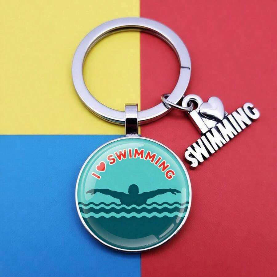 Medvang 1pc Swimming Butterfly Stroke Keychain, "I Love Swimming" Keychain, Swimming Club Customer Gift - Antique Silver - View 1