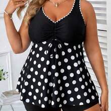 Swim Lushoire 2026 New Plus Size Women 2pcs Ruffled Drawstring Black & White Polka Dot Dress Swimwear With High Waist Shorts Set, Beach Holiday - Multicolor - Ver 6
