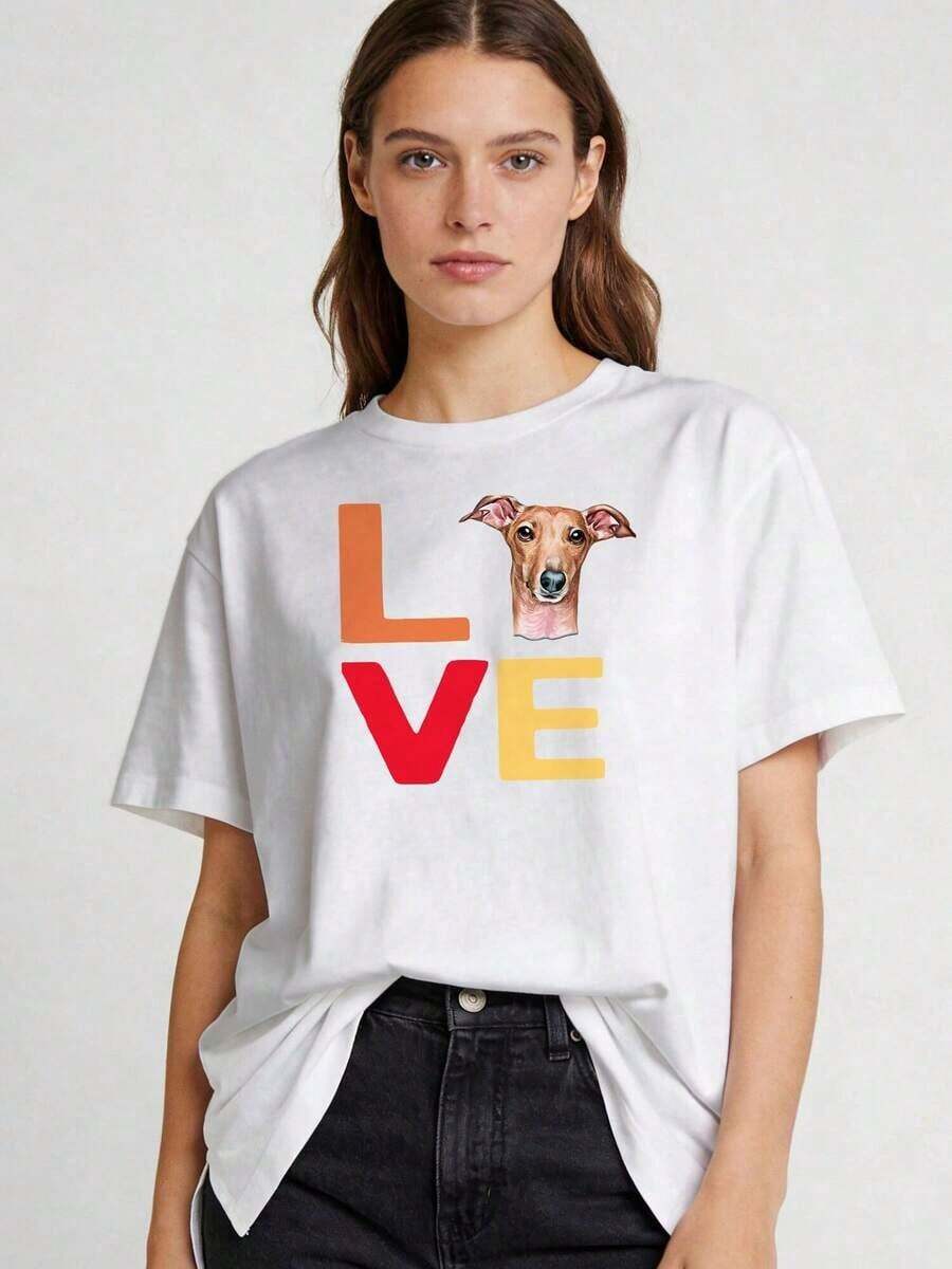 Women's Plus Size Graphic T-Shirt With Italian Greyhound Design "I Love My Pet" - Casual Crew Neck, Short Sleeve, Loose Fit, Polyester Fiber, Machine Washable, Vibrant And Colorful Print, Perfect For Summer Outfits, Women's Warm Clothing, Women's Blouses, S-3XL - 白色 - 查看 1