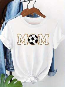 Women's Soccer Mom Pattern Printed T-Shirt - Casual Short Sleeve Crew Neck Top With Leopard Print Decoration, Mixed Gray Color, Machine Washable, Comfortable For Sporty Moms And Everyday Wear, Soft And Durable Fabric, Casual Wear, Comfortable Material, Everyday Basic T-Shirt - 白色的 - 查看 4