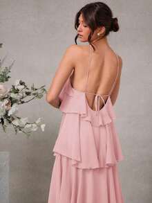 Elegante vestido maxi de gasa con cuello halter y volantes para invitados a bodas románticas - Rosa - Ver 3