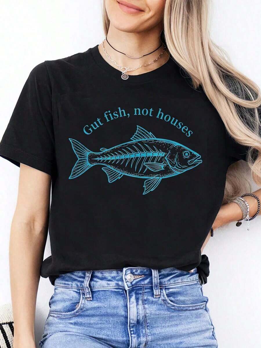 A Women's Short-Sleeved T-Shirt With A Retro American Style, Featuring A Relaxed Fit And Print (The Pants Are Styling Suggestions Only). This Simple Yet Fashionable Item Boasts Tropical Print Text Patterns And Is A Must-Have For Creating A Laid-Back Holiday Look, Perfect For Labor Day And Mexican Independence Day. - 黑色 - 查看 1