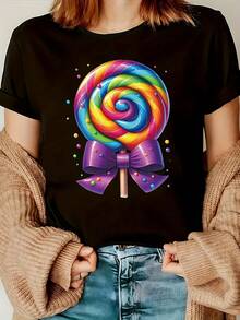 Camiseta Casual de Moda para Mujer con Estampado Vibrante de Piruletas - Manga Corta, Cuello Redondo, Ajuste Elástico para Primavera/Verano - Mezcla Ligera de Poliéster, Lavable a Máquina, Idea de Regalo Perfecta - Negro - Ver 1