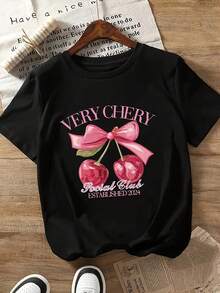 Women's Casual Round Neck Short Sleeve Drop Shoulder T-Shirt with Cherry Print, Regular Length, Medium Stretch Fabric for Summer Comfort - Negro - Ver 2