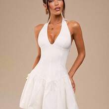 Simple Solid White Deep V-Neck Fitted Mini Dress For Women, Elegant White Dress, Beach Holiday Dress, Graduation/School Season White Dress - Amarillo - Ver 6