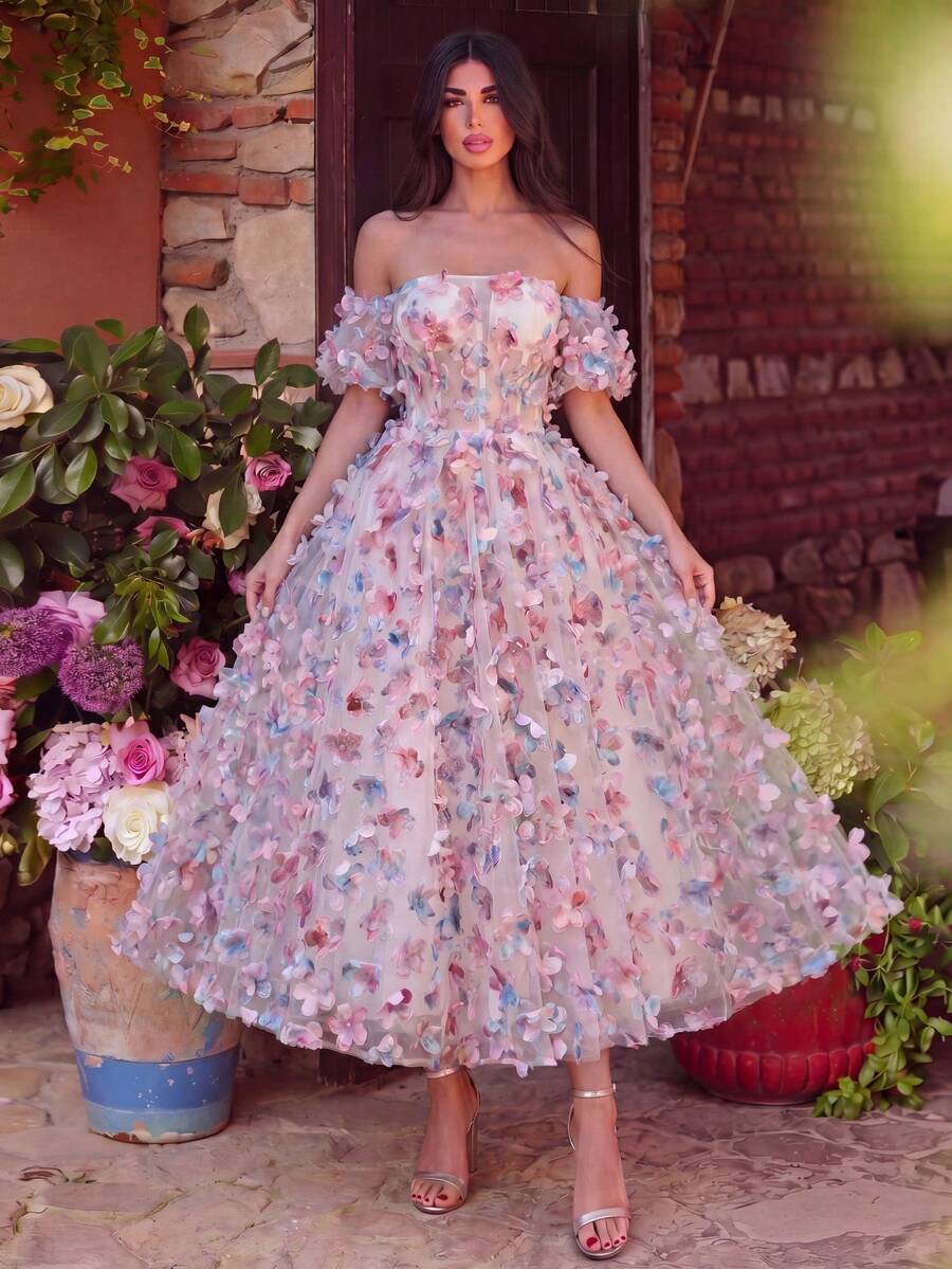 Faeriesty 优雅无肩带3D立体花卉贴花礼服 - 非常适合婚礼摄影、花园写真、新娘写真、毕业典礼等场合。 - 紫色 - 查看 1