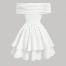 MOD Women's Solid Color Off Shoulder Layered Ruffle Dress,Sun Dress,Summer Dresses For Women - Blanco - Ver 3