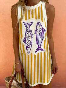 Starfish Boho Style Summer Beach Casual Comfortable Vintage Colorblock Striped Fish Scale Print Sleeveless Dress, Brunch Outfit Women Elegant - 黃色 - 查看 6
