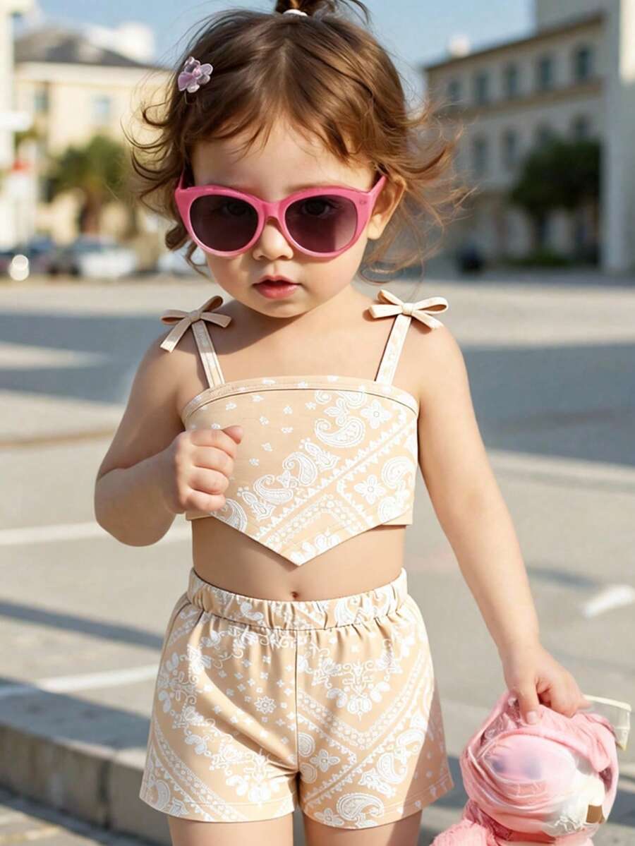 Baby Girl Summer Bohemian Style Camisole Top And Minimalist Shorts Set - Camel - View 1