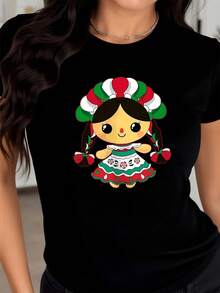 Traditional Mexican Doll With Braids And Typical Dress In Green, White, And Red Colors That Symbolize Joy And Cultural Pride; Comfortable And Modern Casual Women's T-Shirt - 黑色 - 查看 8