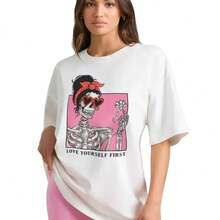 Camiseta de manga corta 100% algodón puro, nuevo estilo de verano, moderna, versátil, elegante, divertida, original, con diseño de dibujos animados, top chic. - Blanco - Ver 5