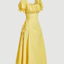 MOD Women's Solid Color Square Neck Petal Sleeve Tie Waist Mid-Length Dress,Spring/Summer Outfits For Women,Beach Outfit,Holiday,Vacation,Y2k,Outfits For Women,Women Clothes, Country Concert Outfit,Country Concert Outfit ,Blue Spring Dress,Picnic Dress,Tea Party Dress For Women,Summer Dresses For Women - Rosa Pálido - Ver 5