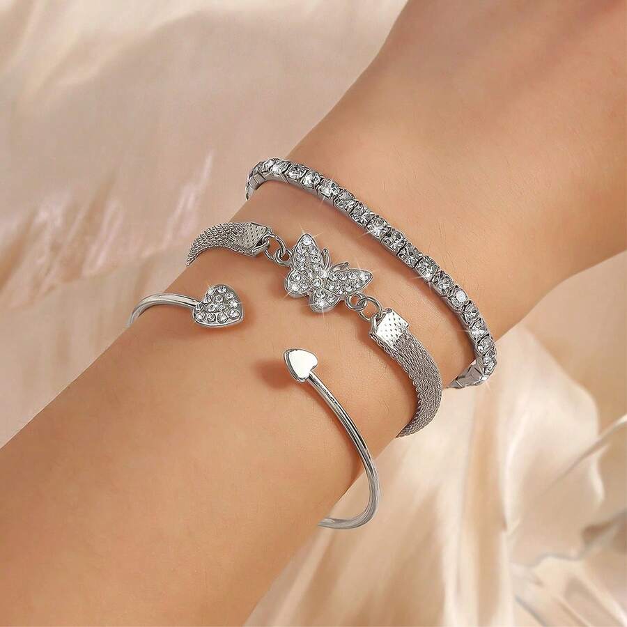 VKME Juego de 3 pulseras de cadena de metal con circonita y cadena trenzada - Plata B - Ver 1