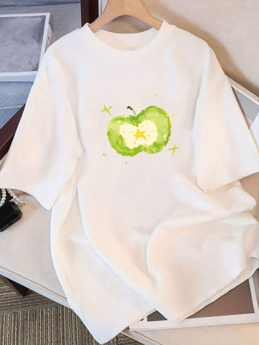 Women's 100% Cotton T-Shirt. Short-Sleeved Cotton T-Shirt For Women With An Exclusive Design And Print. New Summer 2026 Collection, Loose-Fitting, Half-Sleeve Top With A Fitted Cut. Lightweight, Breathable, A Summer Hit. - 白色 - 查看 1