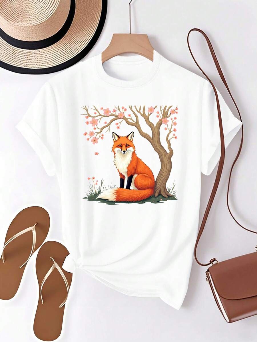 Camiseturara Women's - Red Fox And Pink Cherry Blossom Inspired Print, Casual Blue T-Shirt With Fox Design, Soft And Breathable Fabric For Spring And Summer Outfits, Machine Washable (Azuibrante) - 白色 - 查看 1