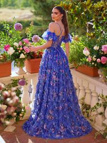 Faeriesty Đầm chiffon xếp lớp in họa tiết, trễ vai, thanh lịch, thích hợp chụp ảnh bên hồ, chụp ảnh lãng mạn trong vườn, ảnh cưới. - Xanh đậm - Xem 2