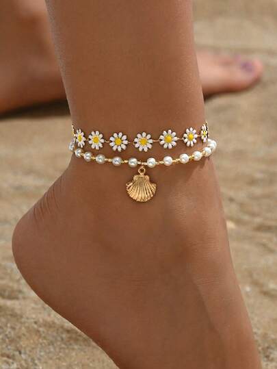 2 pièces Ensemble de bracelets de cheville avec perles de culture et pendentif coquillage en alliage, style doux pour filles. Convient pour la plage et le port quotidien