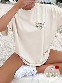 [Printed Design – No Texture][Double-Sided Print] Women's Casual Summer T-Shirt With Beaded Embroidery And Evil Eye Print, Short Sleeve, Round Neck, Pure Cotton, Loose Fit With Drop Shoulders - Vintage Urban Style, Unisex Cotton Short Sleeve Round Neck T-Shirt - 白色 - 查看 10