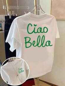 Camiseta de manga corta con estampado frontal y trasero - Ciao Bella, estampado de moda italiana - Camiseta de mujer con estampado de moda para primavera/verano, artículo de moda - Camiseta unisex de algodón holgada de manga corta y cuello redondo estilo vintage urbano. - Blanco - Ver 12