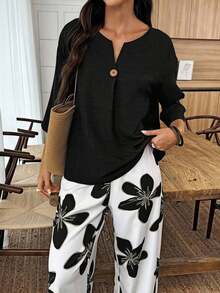 Conjunto de camisa de unicolor y pantalones con estampado floral para vacaciones - Multicolor 6 - Ver 5