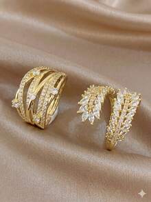 18K Gold Plated Multi-Layer Leaf Zirconia Stackable Ring Set, Fade-Resistant Adjustable Wide Open Ring, Elegant Women's Jewelry, Suitable For Daily Wear And Wedding - Multicolor - View 8