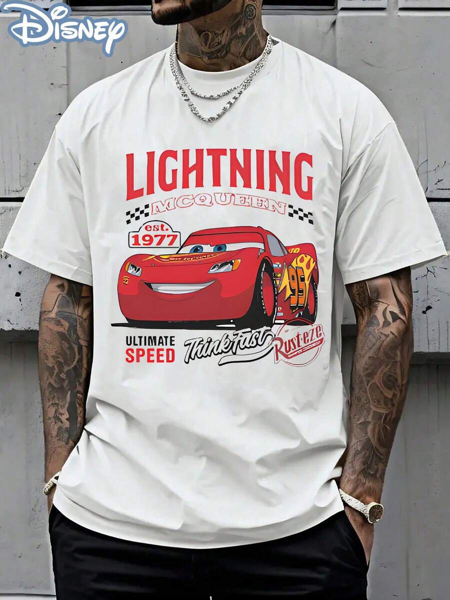 Disney Official Licensed Cars Lightning McQueen Est 1977 Ultimate Speed Graphic T Shirts 100 Percent Cotton Disney Shirt 220g Cotton Crew Neck Unisex Tee - 白色 - 查看 1