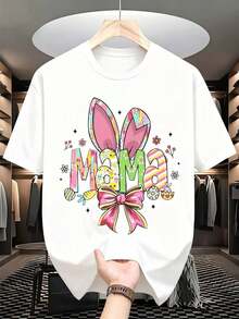 1 pieza Camiseta con estampado de lazo y orejas de conejo de Pascua Mama para mujer, regalo para el Festival de Primavera, es una camiseta perfecta para regalar a amigos y familiares en cualquier día festivo u ocasión especial, 180g 100% algodón. - Blanco - Ver 2