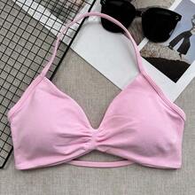 Sujetador camiseta popular, sujetador deportivo sin espalda de tirantes finos para mujer, con soporte ligero, top corto para entrenamiento, sujetador de yoga sin costuras y con pliegues, color negro, primavera - Rosa - Ver 2