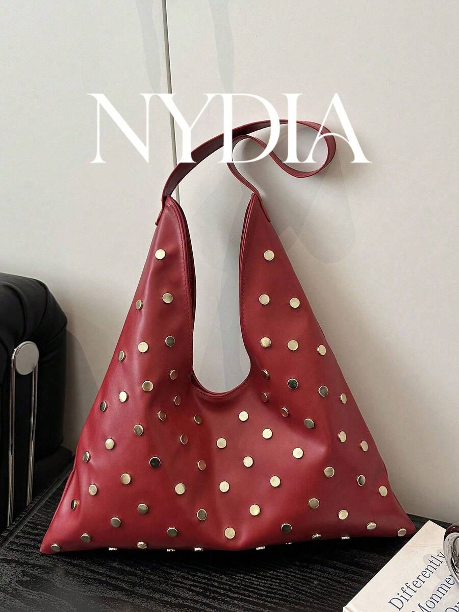 1个复古铆钉装饰红色单肩包，时尚纯色大容量肩背手提包，日常百搭手提包，朋克风女式手提包，适合通勤、外出、工作、购物、聚会等各种场合。