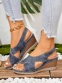 Sandales compensées à lacets confortables pour femmes grande taille - Bleu azur - Voir 3