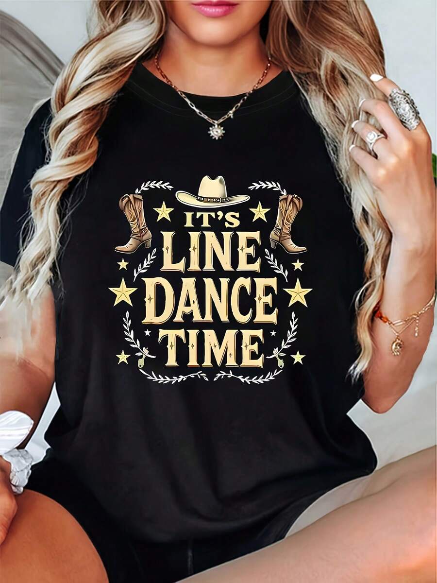 Camiseta, Country Line Dance Passion "ES HORA DE LINE DANCE" con estampado de sombrero de vaquero, botas de vaquero, estrellas y hojas de laurel, camiseta de manga corta con cuello redondo, negra, casual y a la moda para mujer, lavable a máquina, estilo casual, ajuste cómodo, diseño elegante, versátil para uso diario, tela suave, estilo moderno, 100% algodón. - Negro - Ver 1
