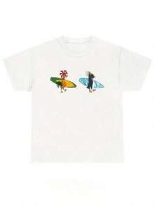 1 Piece [Surf's Up T-Shirt] Unisex Cody And Chicken Joe Surf's Up T-Shirt - Humorous Cartoon Graphic Design, Bohemian Style, Relaxed Fit, Short Sleeve, Casual T-Shirt For Both Genders, Year-Round Comfort, Chicken T-Shirt, Fun Design, Non-Stretch Material, 210g 100% Cotton, Patterns Are Printed. Unisex. - 白色 - 查看 1