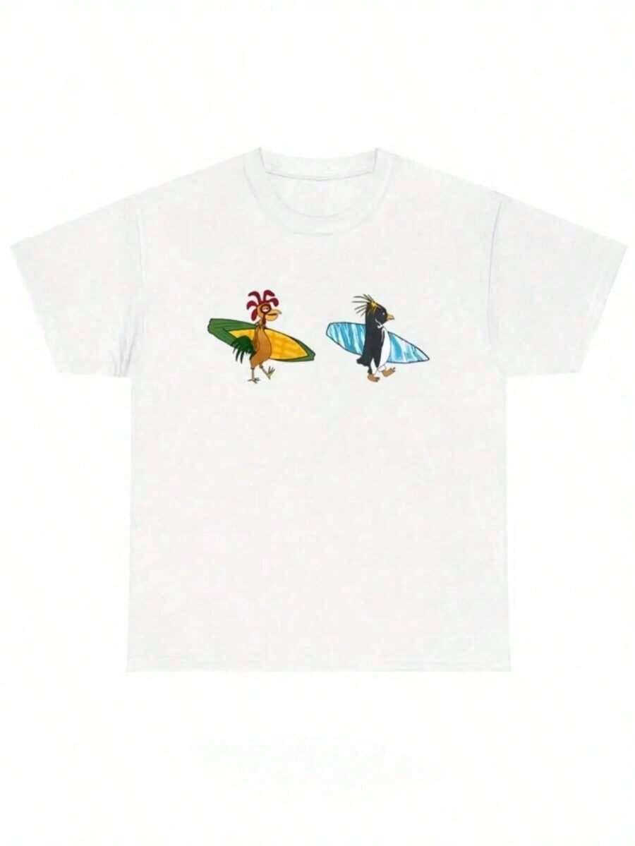 1 Piece [Surf's Up T-Shirt] Unisex Cody And Chicken Joe Surf's Up T-Shirt - Humorous Cartoon Graphic Design, Bohemian Style, Relaxed Fit, Short Sleeve, Casual T-Shirt For Both Genders, Year-Round Comfort, Chicken T-Shirt, Fun Design, Non-Stretch Material, 210g 100% Cotton, Patterns Are Printed. Unisex. - 白色 - 查看 1